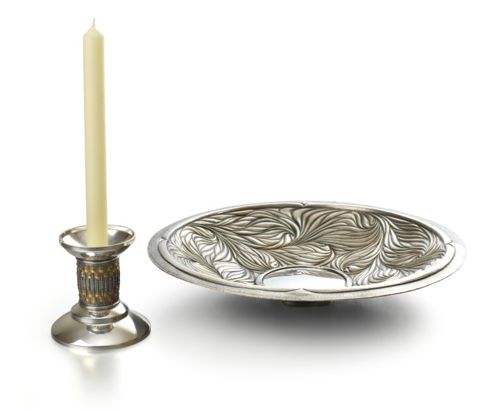 'Chased' silver fruit dish with a detachable candle stick base